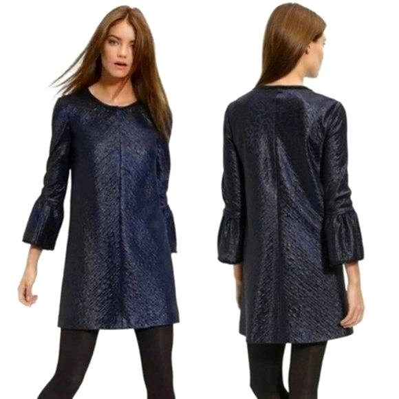 Theory Mailla Linden Matte Sheen Fringe Trim Wool Silk Long Sleeve Dress - Picture 1 of 11